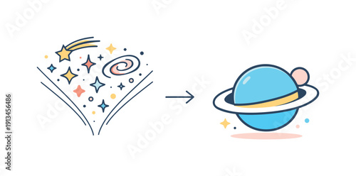 Containment of complexity and simplifying overwhelming systems expressed through cosmic compression, a complex star cluster reduced into a single clean planet icon symbolizing