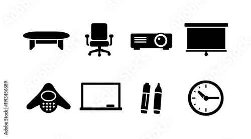 Office meeting room equipment: conference table, meeting chair, projector, projection screen, conference phone, whiteboard, marker pen, wall clock.