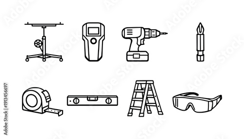 Home ceiling installation tools: drywall lift, stud finder, cordless drill, screw bit, measuring tape, level ruler, step ladder, safety goggle.