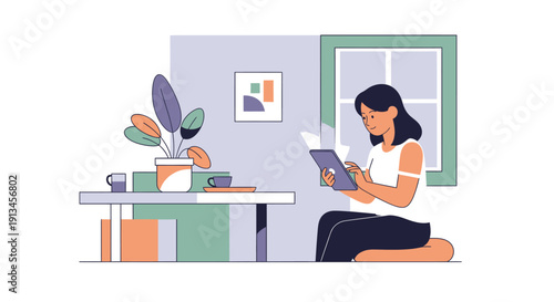 Young woman focused on her tablet device in a calm setting.