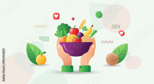 Healthy eating flat design with hands holding a bowl of fresh fruits and vegetables