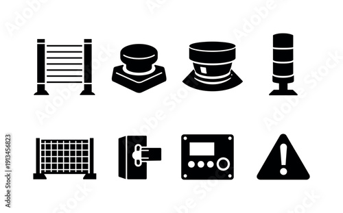 Smart factory safety systems: safety light curtain, emergency stop button, laser scanner, signal tower, safety fence, interlock switch, control box, warning sign plate.