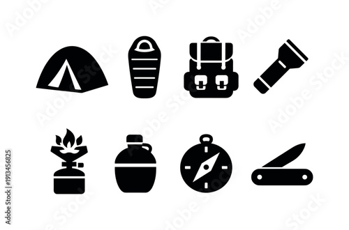 Outdoor camping basics: tent, sleeping bag, backpack, flashlight, camp stove, canteen, compass, pocket knife.