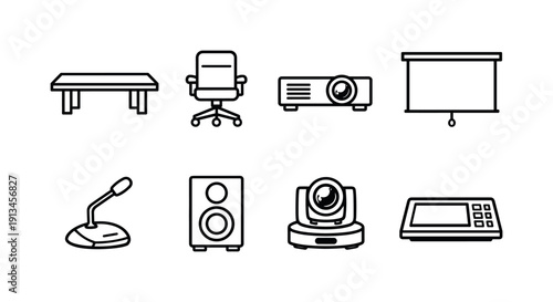 Professional office meeting equipment: conference table, meeting chair, projector, projection screen, table microphone, speaker unit, video camera, control panel.