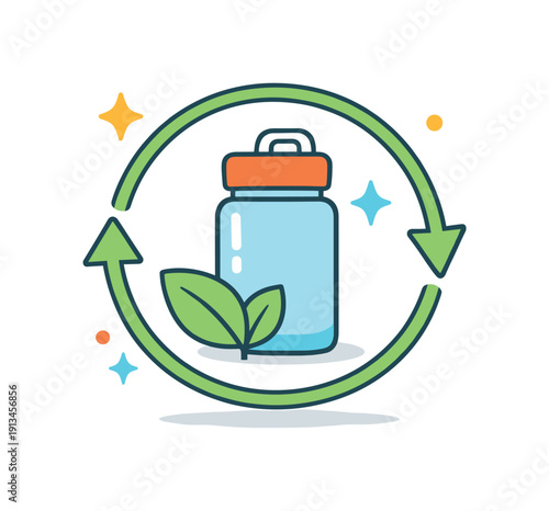 Circular economy mindset for everyday consumers emphasizing reuse and resource efficiency in daily habits, a simple loop arrow surrounding a reusable container and a small leaf