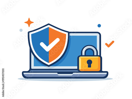 Cybersecurity awareness and safe online behavior in everyday digital life focused on protecting personal information and reducing risk, a laptop guarded by a shield and a small