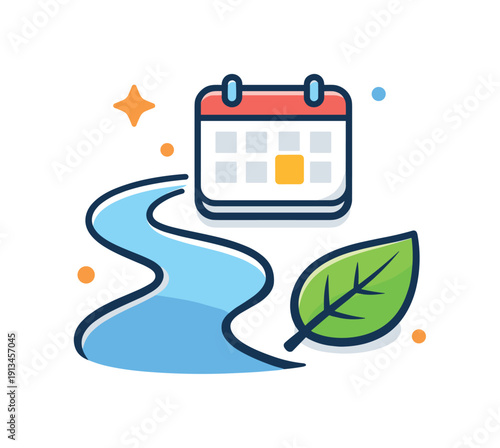 Slow productivity and sustainable work pace for long-term performance, a gently winding path paired with a calendar and leaf symbolizing balance, consistency, and burnout-free