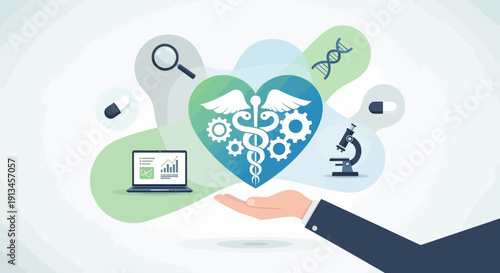 Healthcare technology and medical innovation represented by a caduceus symbol in a heart