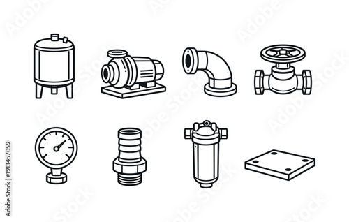 Industrial liquid processing equipment: stainless tank, centrifugal pump, pipe elbow, valve wheel, pressure gauge, hose connector, filter housing, mounting base.
