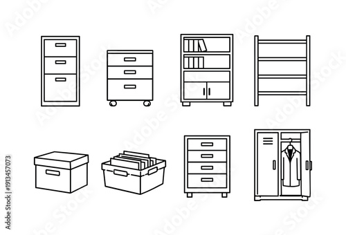 Professional office storage systems: filing cabinet, mobile pedestal, bookshelf, storage shelf, archive box, document crate, drawer unit, coat locker.