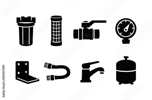 Home water filtration setup: water filter housing, filter cartridge, shutoff valve, pressure gauge, mounting bracket, supply hose, faucet tap, storage tank.