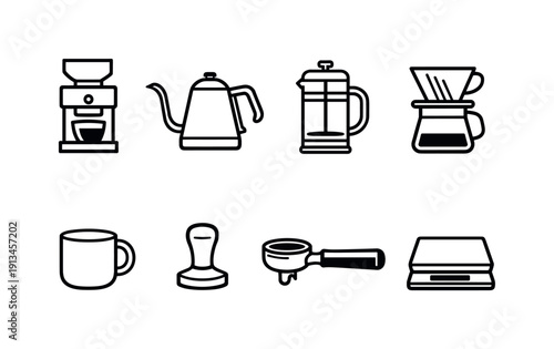 Coffee brewing tools: coffee grinder, kettle, french press, drip filter, coffee mug, tamper, portafilter, scale.