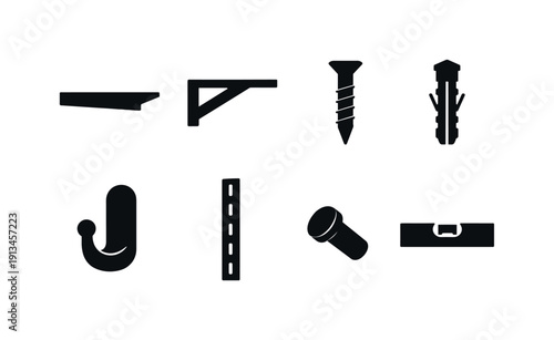 Home wall shelving hardware: wall shelf, shelf bracket, mounting screw, anchor plug, wall hook, support rail, shelf pin, level.