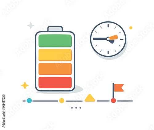 Energy budgeting and personal resource management across a long workday focusing on pacing rather than speed, a segmented battery combined with a small clock showing intentional