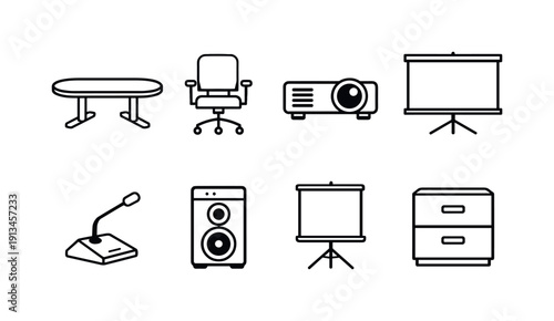 Professional office meeting furniture: conference table, meeting chair, projector, projection screen, table microphone, speaker unit, whiteboard stand, document cabinet.