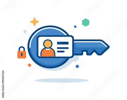 Personal data ownership and decentralized identity management in digital society, a single user profile card held securely inside a connected key shape symbolizing autonomy, trust,