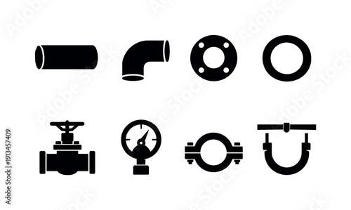 Industrial process piping components: steel pipe, pipe elbow, pipe flange, gasket ring, isolation valve, pressure gauge, pipe clamp, support hanger.