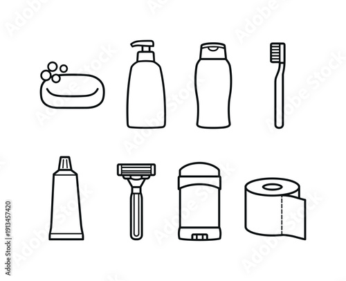 Home bathroom hygiene items: soap bar, shampoo bottle, conditioner bottle, toothbrush, toothpaste tube, shaving razor, deodorant stick, toilet paper roll.