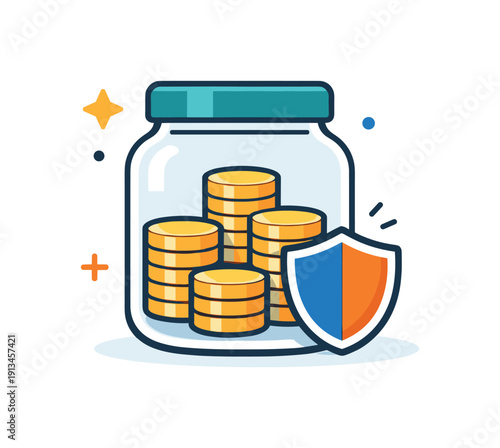 Personal savings discipline and emergency fund awareness centered on building security through small consistent actions, a simple jar with stacked coins and a small shield as a