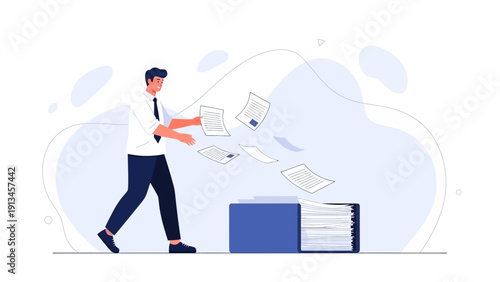 Businessman throwing documents into filing cabinet, organization concept