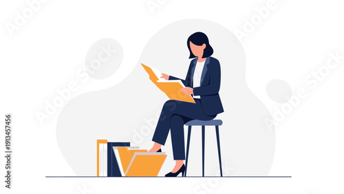 Businesswoman Reading Document in Office, Sitting on Stool with Files