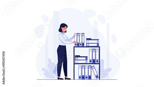 Woman Organizing Binders on Shelf, Business Document Management Illustration