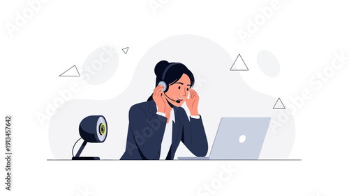 Customer service agent wearing headset, working on laptop with webcam