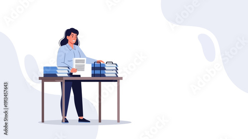 Woman Organizing Papers on Desk, Business Administration and Workflow