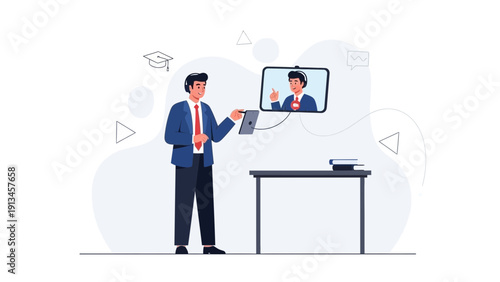 Online Teacher Presenting Lesson on Tablet and Screen, E-learning Concept