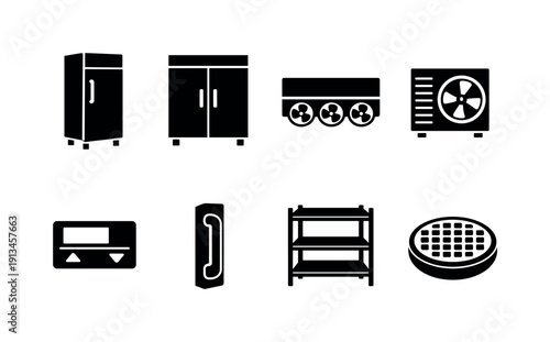 Commercial kitchen refrigeration line: upright freezer, cold storage cabinet, evaporator unit, condenser unit, temperature controller, door handle, shelf rack, floor drain.