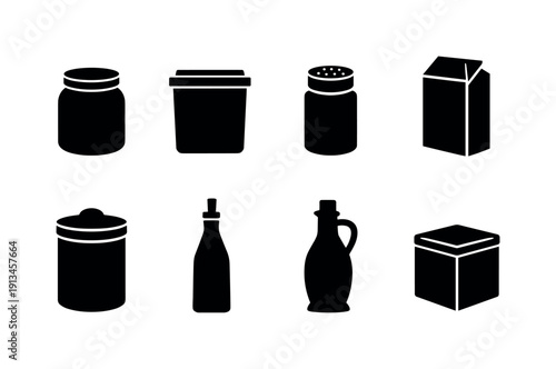 Home pantry storage: glass jar, storage container, spice jar, cereal box, flour canister, oil bottle, vinegar bottle, storage tin.