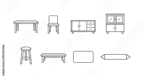Home dining furniture: dining table, dining chair, sideboard, buffet cabinet, bar stool, bench, placemat, table runner.