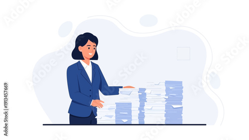 Businesswoman managing large stack of documents, paperwork overload concept