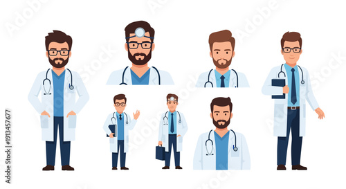 Male Doctor Character Set. Vector Avatars and Full-Body Illustrations of Physicians, Surgeons, and Healthcare Professionals on White Background.