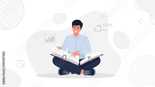 Young man sitting cross-legged reading a book, studying, learning, knowledge
