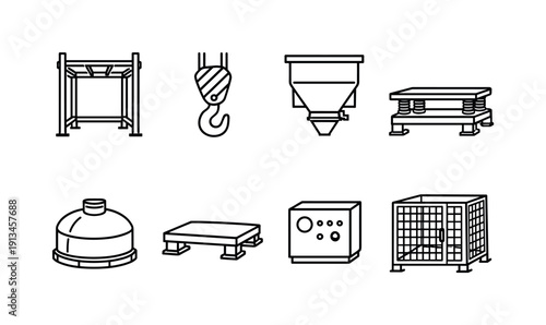 Industrial material feed equipment: bulk bag frame, crane hook, discharge hopper, vibration table, dust cover, steel base, control box, guard cage.