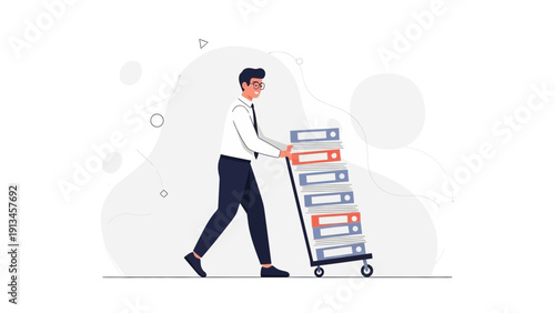 Businessman Pushing Cart Full of Folders, Document Management Concept