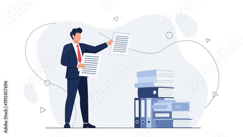 Businessman reviewing documents near stacks of folders and paperwork