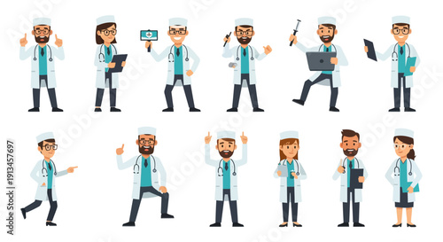 Set of 10 Smiling Doctor Characters. Vector Collection of Male and Female Healthcare Professionals Posing with Stethoscope, Clipboards, and Technology.