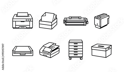 Office printing supplies: laser printer, paper ream, toner cartridge, ink cartridge, paper tray, document feeder, printer stand, waste toner box.