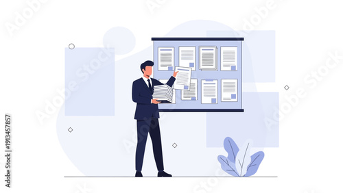 Businessman organizing documents on a bulletin board, business concept illustration