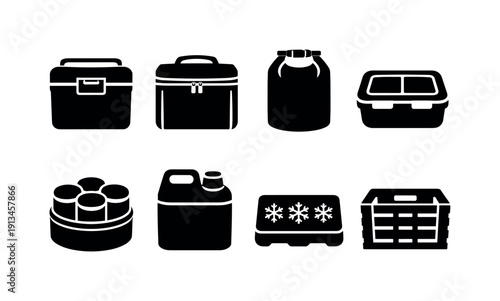 Outdoor camping food storage: cooler box, insulated bag, dry bag, food container, spice tin, water jug, ice pack, storage crate.