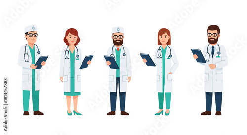 Diverse Group of Doctors and Healthcare Professionals Standing with Clipboards. Medical Team Flat Vector Illustration on White Background.