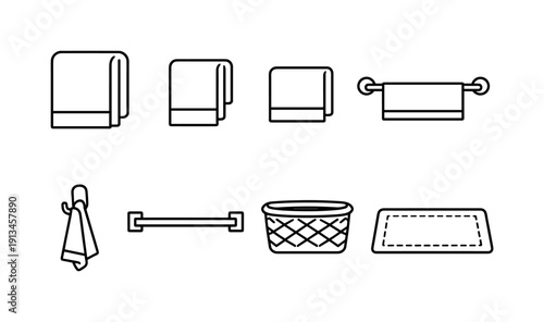 Home bathroom towel set: bath towel, hand towel, face towel, towel rack, towel hook, towel bar, laundry basket, bath mat.