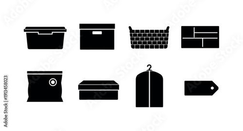 Home storage containers: plastic bin, fabric box, storage basket, drawer organizer, vacuum bag, shoe box, garment cover, label tag.