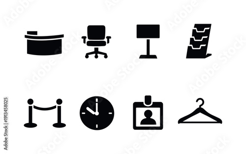 Office reception items: reception desk, visitor chair, sign stand, brochure rack, queue barrier, wall clock, name badge, coat hanger.