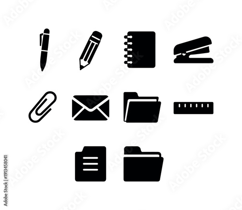 Office stationery: pen, pencil, notebook, stapler, paperclip, envelope, folder, ruler.