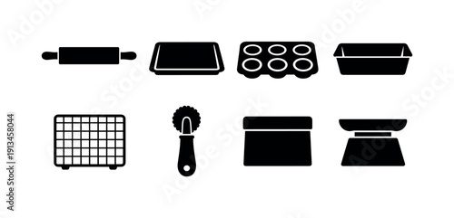 Home baking tools: rolling pin, baking tray, muffin tin, loaf pan, cooling rack, pastry cutter, dough scraper, kitchen scale.