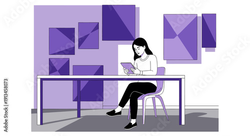 Young woman sitting at a desk working on a tablet.