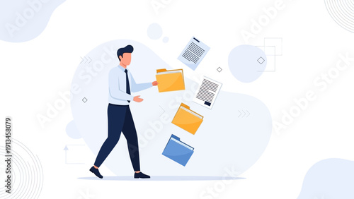 Businessman juggling folders and documents, data management concept illustration